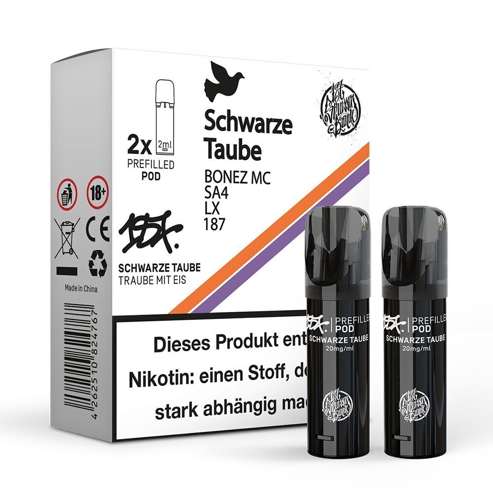 Schwarze Taube 20mg - 187 Strassenbande Pods 187 Strassenbande Pods Schwarze Taube 20mg Packung mit zwei schwarzen Pods, Design mit Taube und Hinweis auf Traube mit Eis, ab 18, Nikotinwarnung.