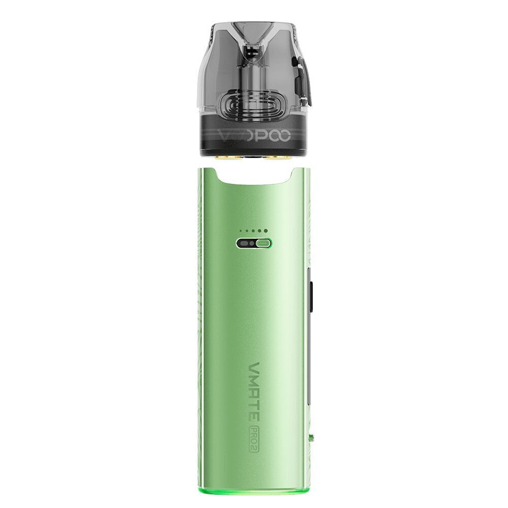 Voopoo Vmate Pro 2 Pod Kit - Fresh Green Voopoo Vmate Pro 2 Pod Kit in frischem Grün mit transparentem Pod-Teil und sichtbarem Branding, kompakte Bauweise und glatte Oberfläche.