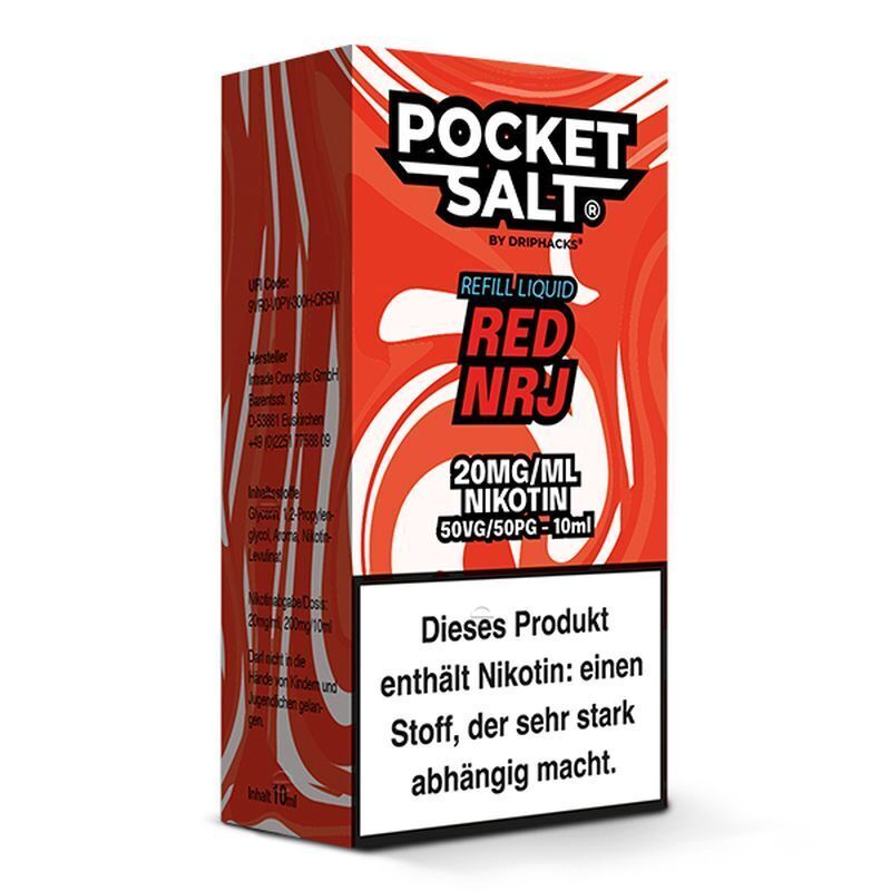 Verpackung von Pocket Salt Nikotinsalz Red NRJ 20mg mit Warnhinweis über Nikotinabhängigkeit, rot-weißes Design mit Produktdetails.