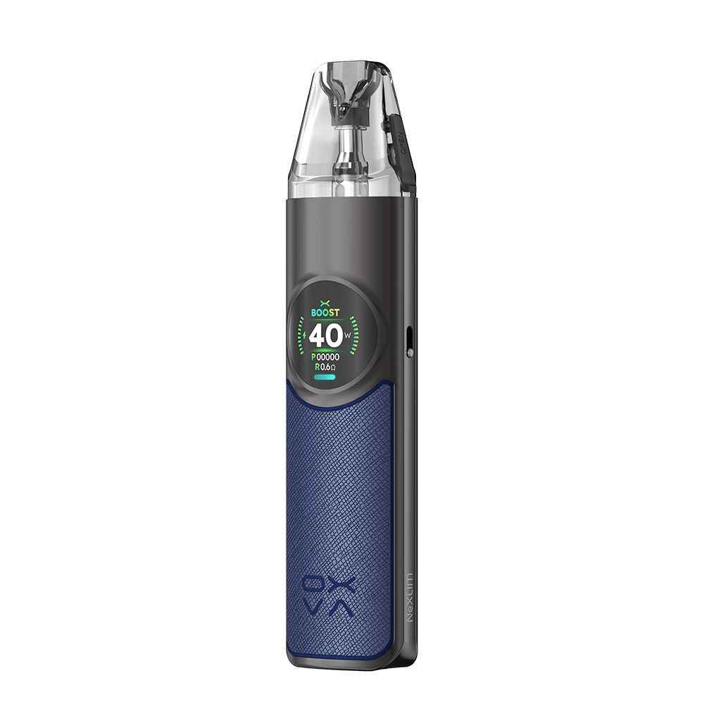 Oxva NeXLIM Pod Kit in der Farbe Dark Blue Oxva NeXLIM Pod Kit in dunkelblau mit digitalem Display zeigt 40W an, umgeben von strukturiertem Griff und durchsichtigem Mundstück.