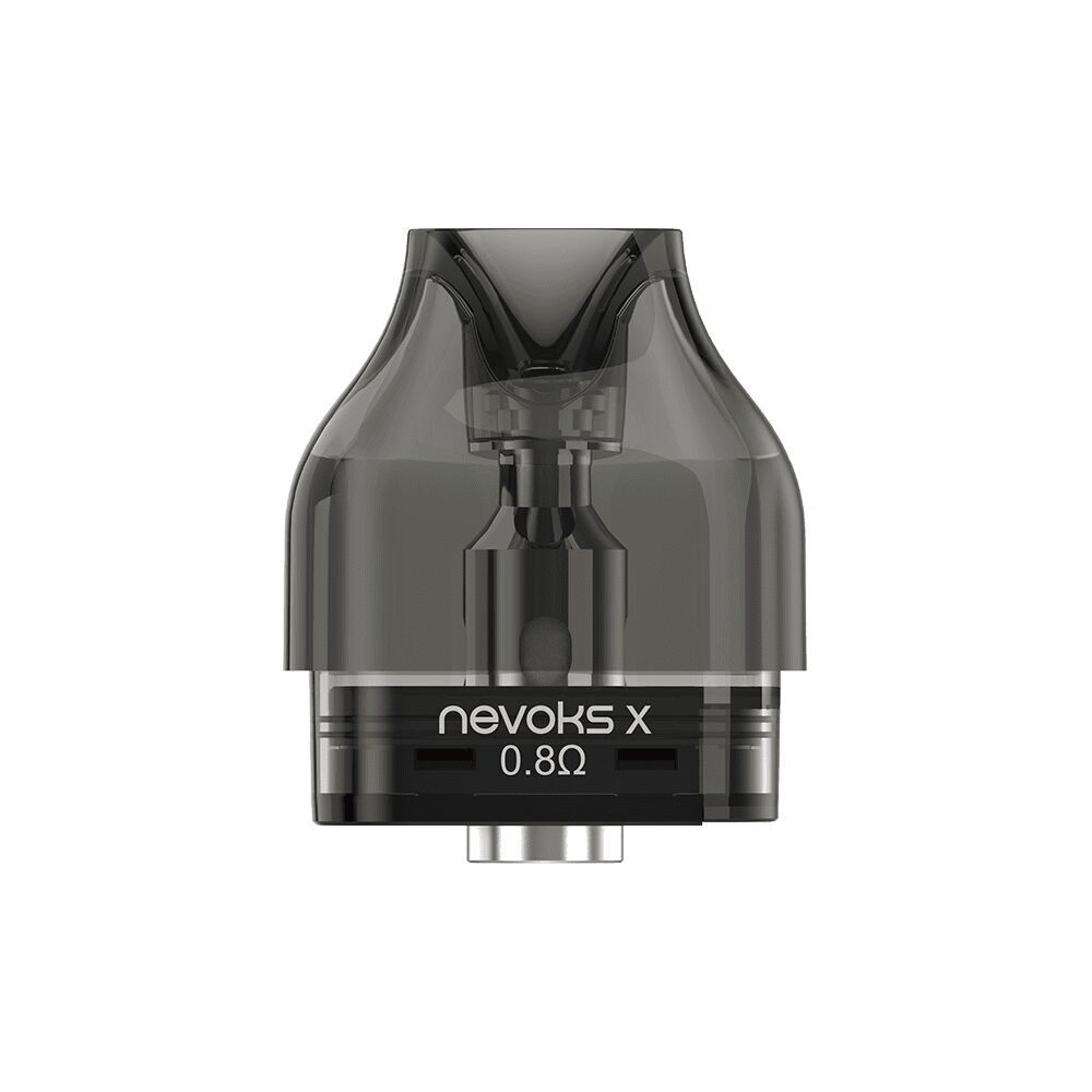 Nevoks X Pod 0,8 Ohm in transparentem Gehäuse mit sichtbarem Innenleben und Branding-Text auf der Vorderseite.