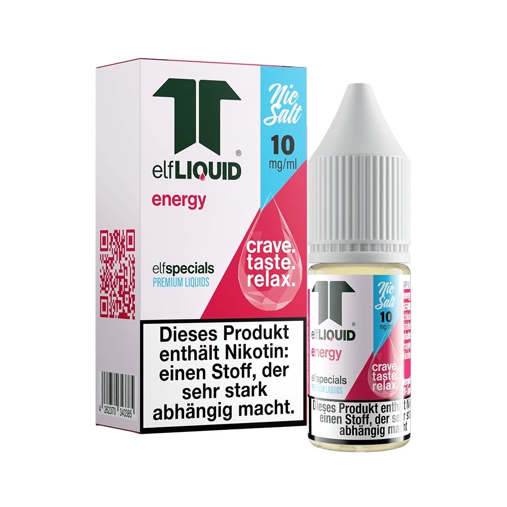 Elf Liquid Nikotinsalz - Energy 10mg Flasche und Verpackung von Elf Liquid Nikotinsalz Energy 10mg mit rosa Tropfenmotiv und Hinweis auf hohen Nikotingehalt.