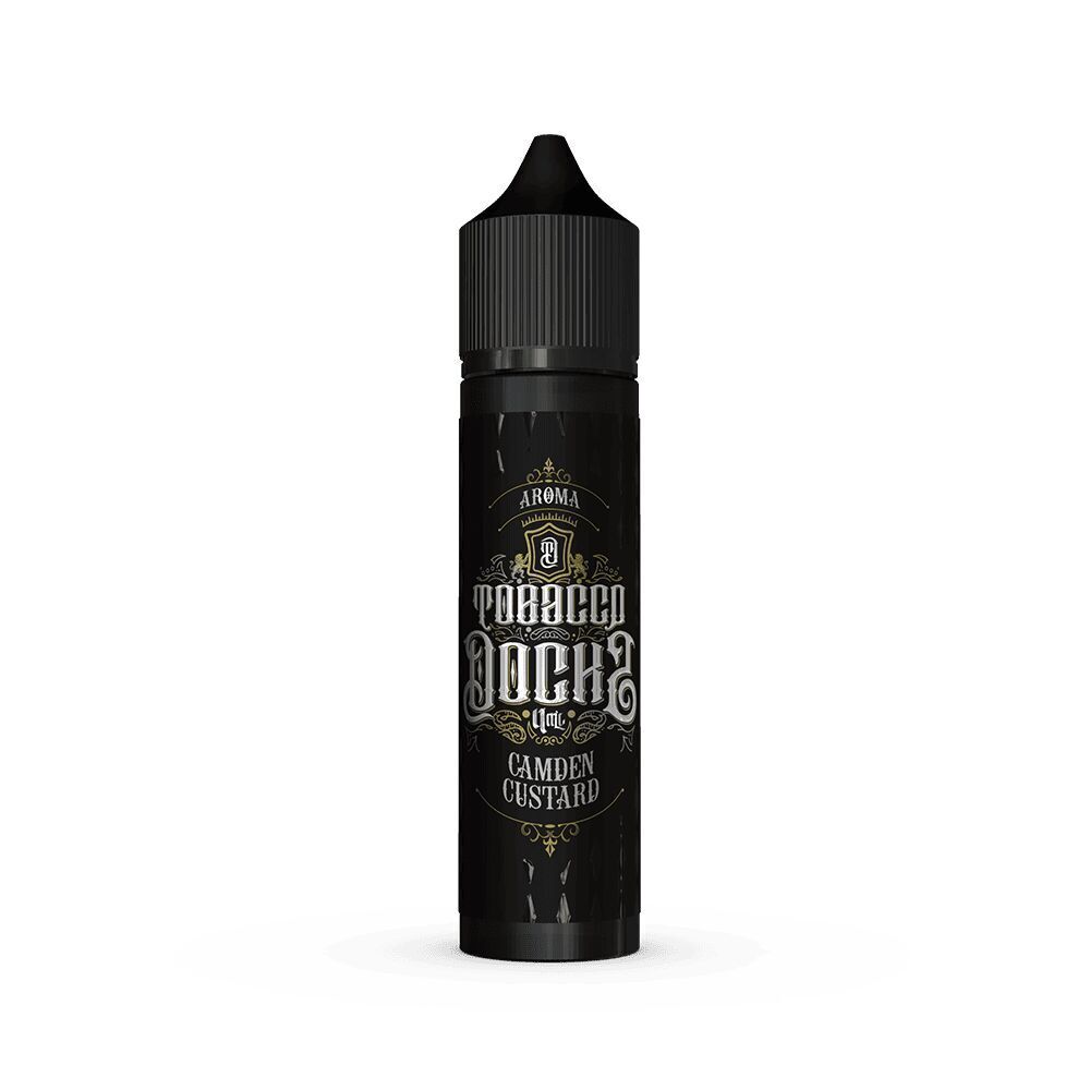 Aroma Camden Custard - Tobacco Docks Schwarze Flasche mit dem Aufdruck Tobacco Docks Aroma Camden Custard, schwarzer Verschluss, zeigt edles Design und Schriftzug.
