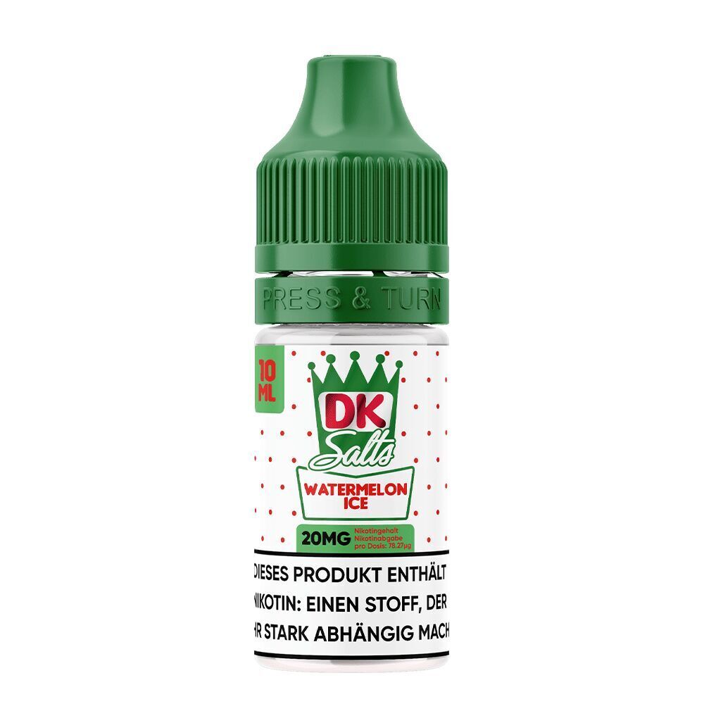 Liquid Watermelon Ice 20mg - DK Salts E-Liquid-Flasche DK Salts Watermelon Ice, 10ml mit grünem Drehverschluss, Produktlabel in Rot und Grün, 20mg Nikotinsalz.