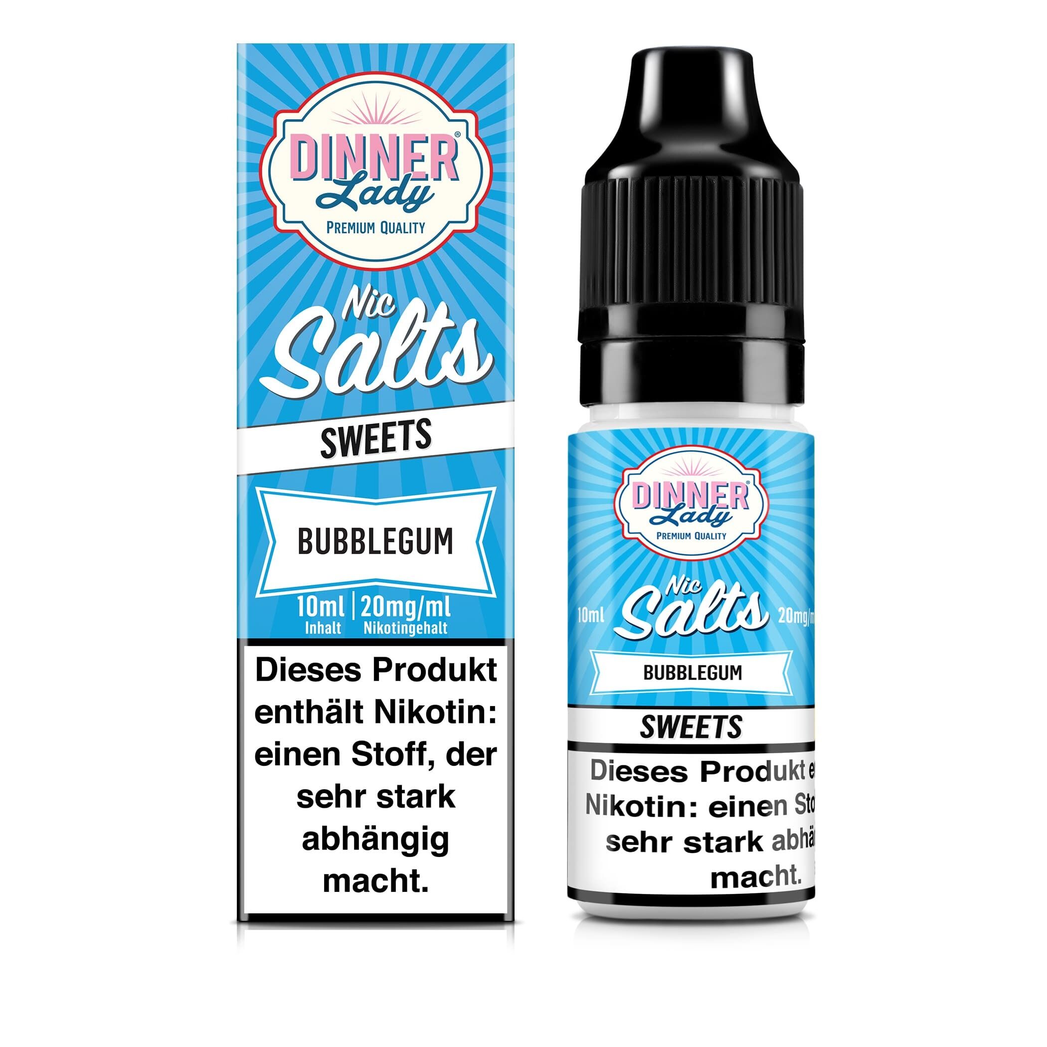 Liquid Bubblegum mit 20mg Nikotin von Dinner Lady Dinner Lady Nikotinsalz-Flasche mit Bubblegum-Geschmack, 20 mg Nikotin, blauer Hintergrund, Warntext zu Nikotinabhängigkeit