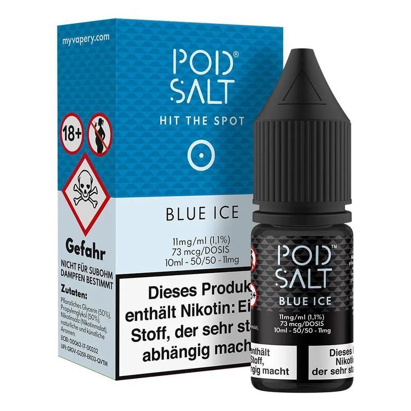 Liquid Blue Ice von Pod Salt Core Pod Salt Core Nikotinsalz Blue Ice 11mg/ml Flasche neben Verpackung mit Warnhinweisen und blauer Gestaltung für erwachsene Dampfer ab 18 Jahren