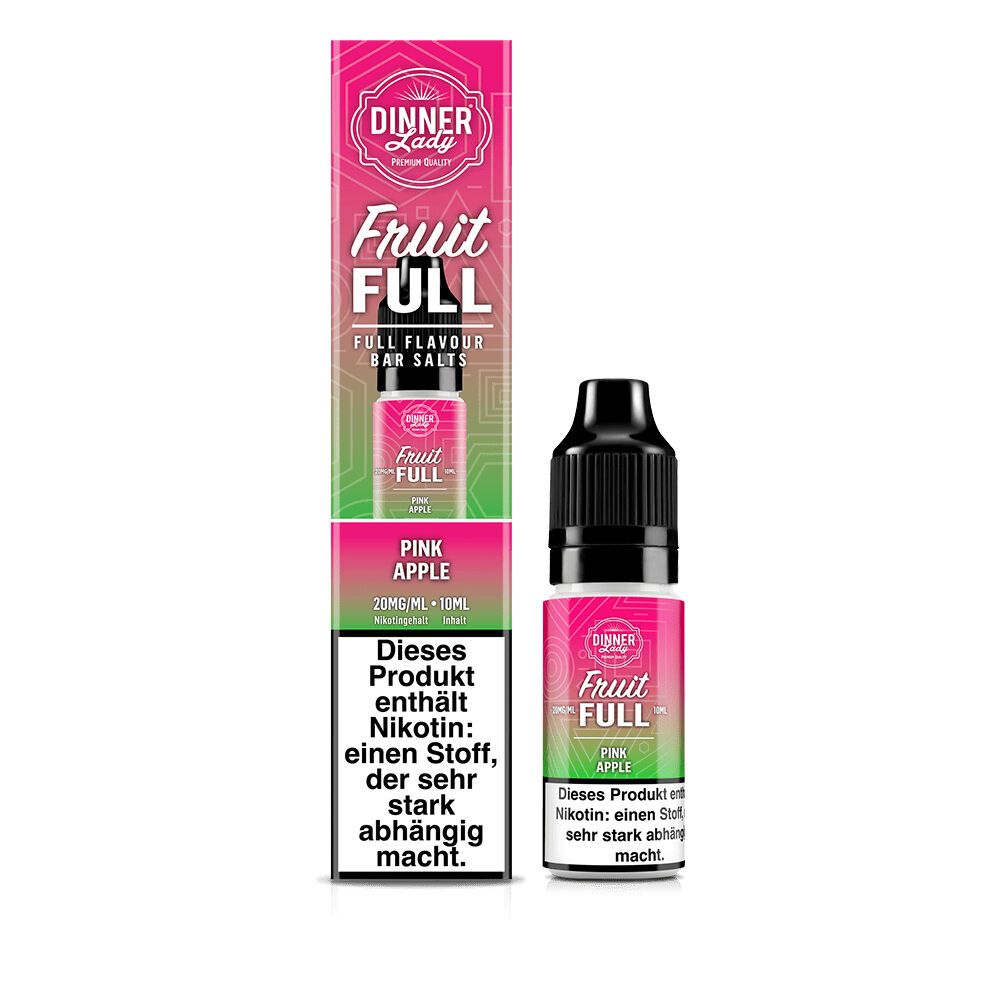 Dinner Lady Fruit Full Nikotinsalz - Pink Apple Dinner Lady Fruit Full Nikotinsalz Pink Apple Flasche und Verpackung mit Warnhinweis zu Nikotin und Stärke von 20mg/ml, 10ml-Inhalt
