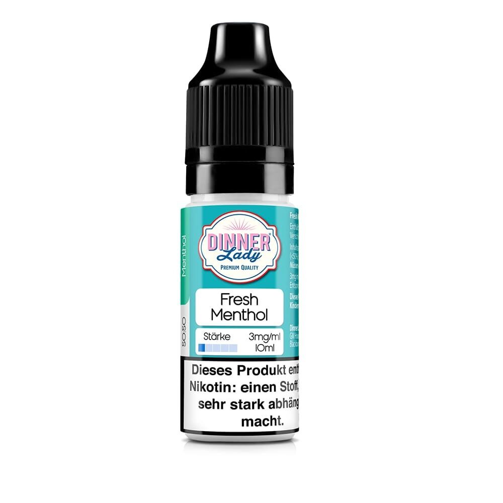 Dinner Lady Liquid Flasche, Fresh Menthol 3mg, blaues Etikett, Warnhinweis: Enthält Nikotin, einen sehr stark abhängig machenden Stoff
