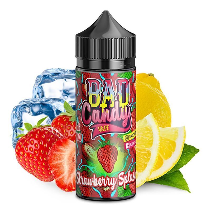 Aroma Strawberry Splash von Bad Candy Flasche mit Bad Candy Aroma - Strawberry Splash-Design vor Erdbeeren, Zitronenscheiben und Eiswürfeln.