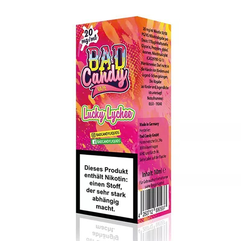 Liquid Lucky Lychee mit 20mg Nikotin von Bad Candy Verpackung von Bad Candy Nikotinsalz - Lucky Lychee mit 20 mg Nikotin, leuchtend buntes Design, Warnhinweis: Enthält Nikotin, stark abhängig machend.