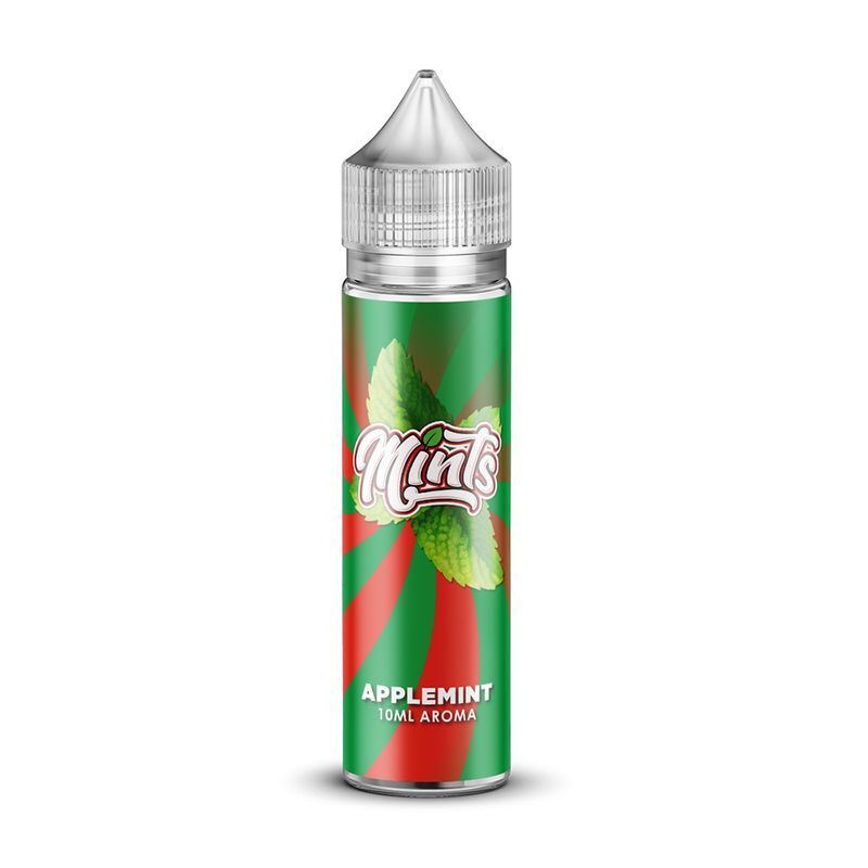 Aroma Applemint von Mints E-Liquid-Flasche mit der Aufschrift "Mints Aroma Applemint 10 ml", grünes und rotes Design mit Minzblättern