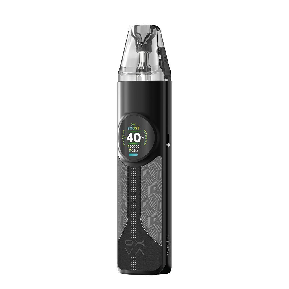 OXVA NeXLIM Pod Kit in Terrain Black mit transparentem Mundstück, rundem Bildschirm mit Anzeige und strukturiertem Griffbereich.