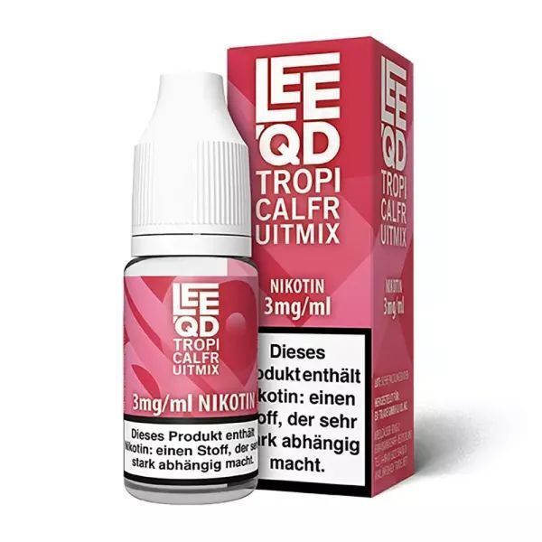 Liquid Fruits Tropical Fruit Mix 3mg - Leeqd E-Liquid Leeqd Tropical Fruit Mix Flasche mit Nikotin 3mg/ml neben passender Verpackung, enthaltene Warnhinweise sichtbar.