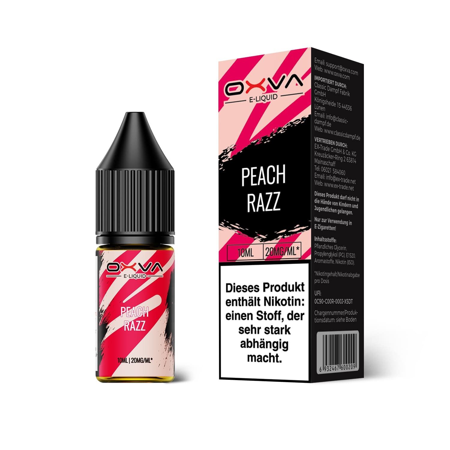 Liquid Peach Razz mit 20mg Nikotin von Oxva Oxva Peach Razz Nikotinsalz-Flasche und Verpackung mit 20mg, auffälliges Design in Rot- und Schwarztönen, Warnhinweis auf das Nikotin enthaltende Produkt