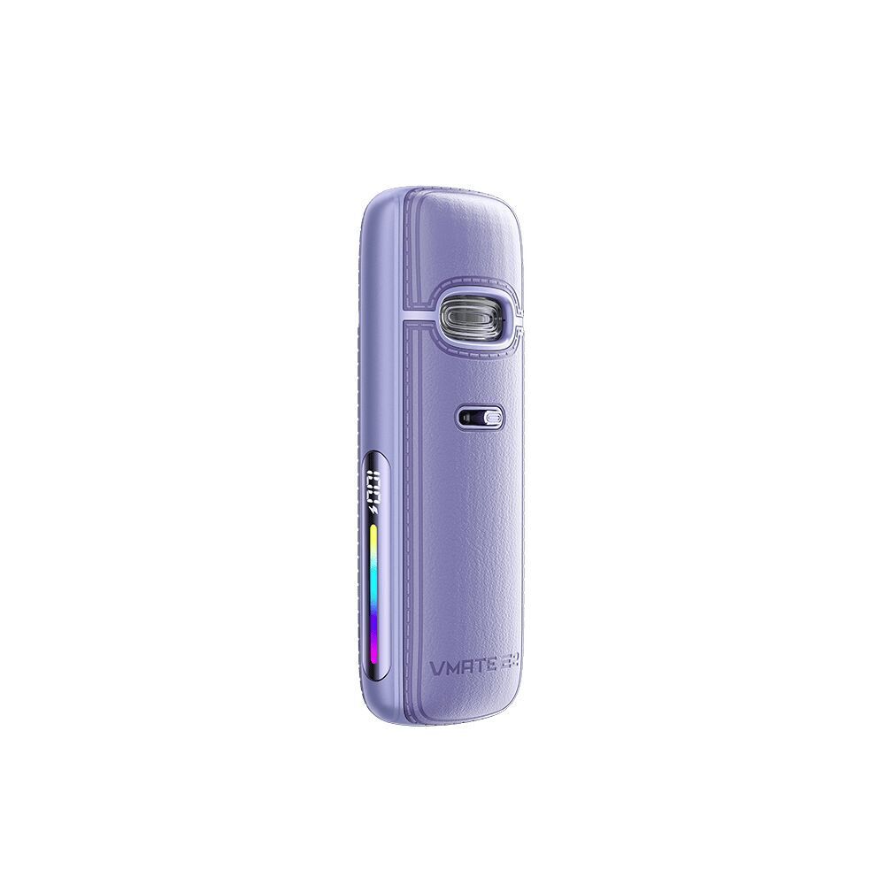 Voopoo Vmate E2 Pod Kit in Lavendelviolett, zeigt ein Smartphone-ähnliches Design mit verchromten Akzenten und einem kleinen Display.