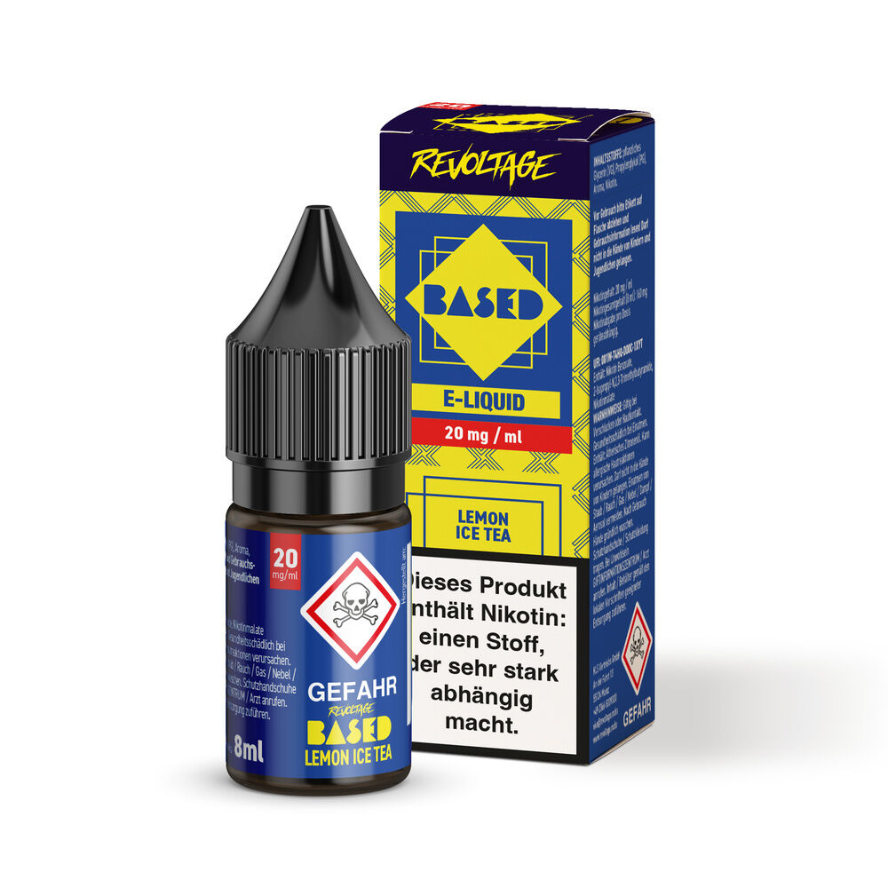 Revoltage Based Hybrid Liquid - Lemon Ice Tea Flasche und Verpackung von Revoltage Based E-Liquid Lemon Ice Tea mit 20 mg Nikotin und Gefahrenhinweis auf der Vorderseite