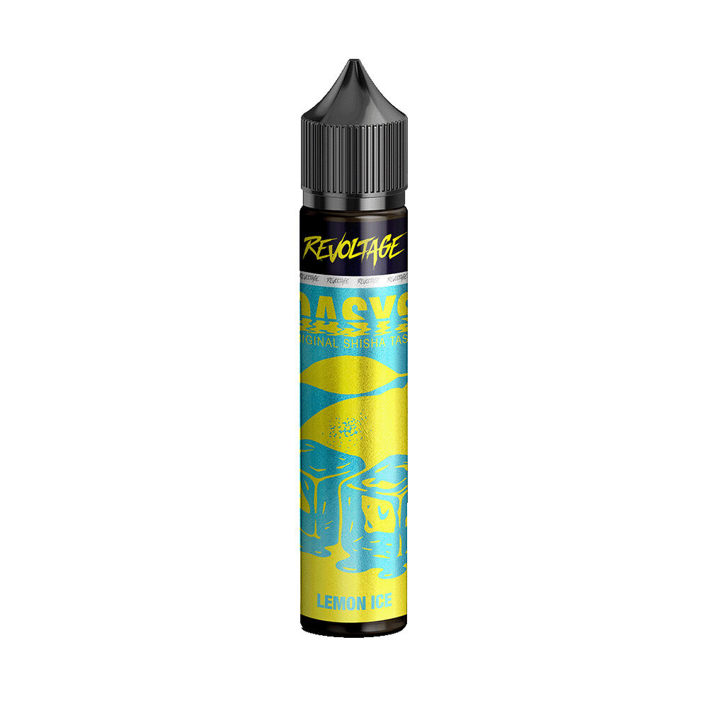 revoltage-oasys-longfill-aroma-lemon-ice Revoltage Oasys Longfill Aroma Lemon Ice Flasche mit buntem Etikett, gelben und blauen Eiswürfelmotiven, schwarzer Verschluss.