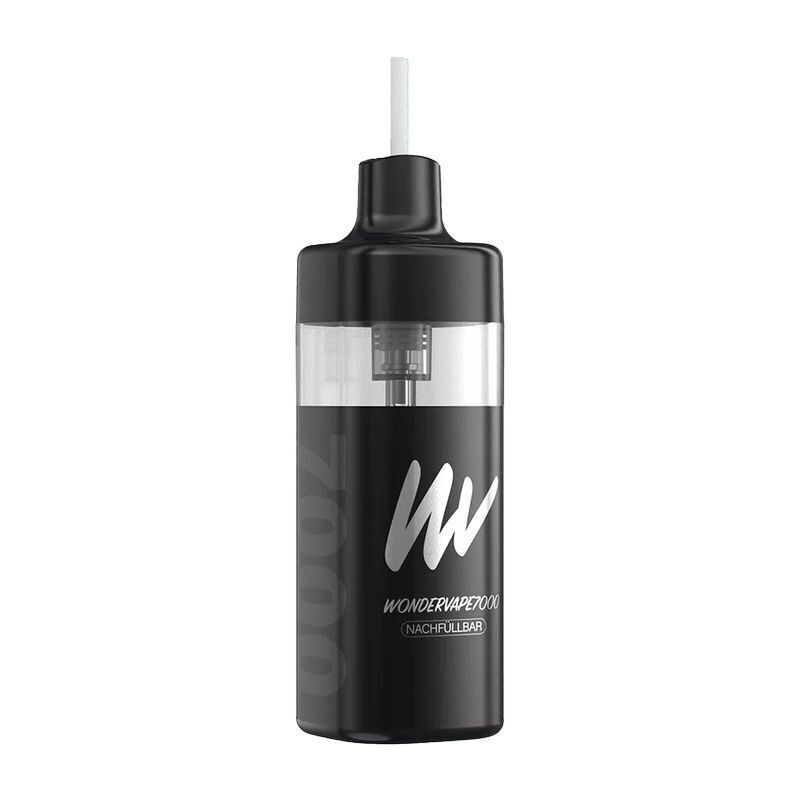 Wondervape 7000 Pod Kit in Schwarz mit durchsichtigem Tank, weißem Mundstück und auffälligem Schriftzug "Wondervape 7000 nachfüllbar" auf der Vorderseite