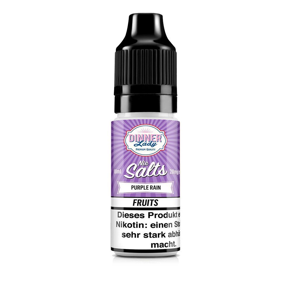 Dinner Lady Nikotinsalz Purple Rain 20mg Flasche, lilafarbenes Etikett, 10 ml, Warnhinweis auf Nikotinabhängigkeit sichtbar.