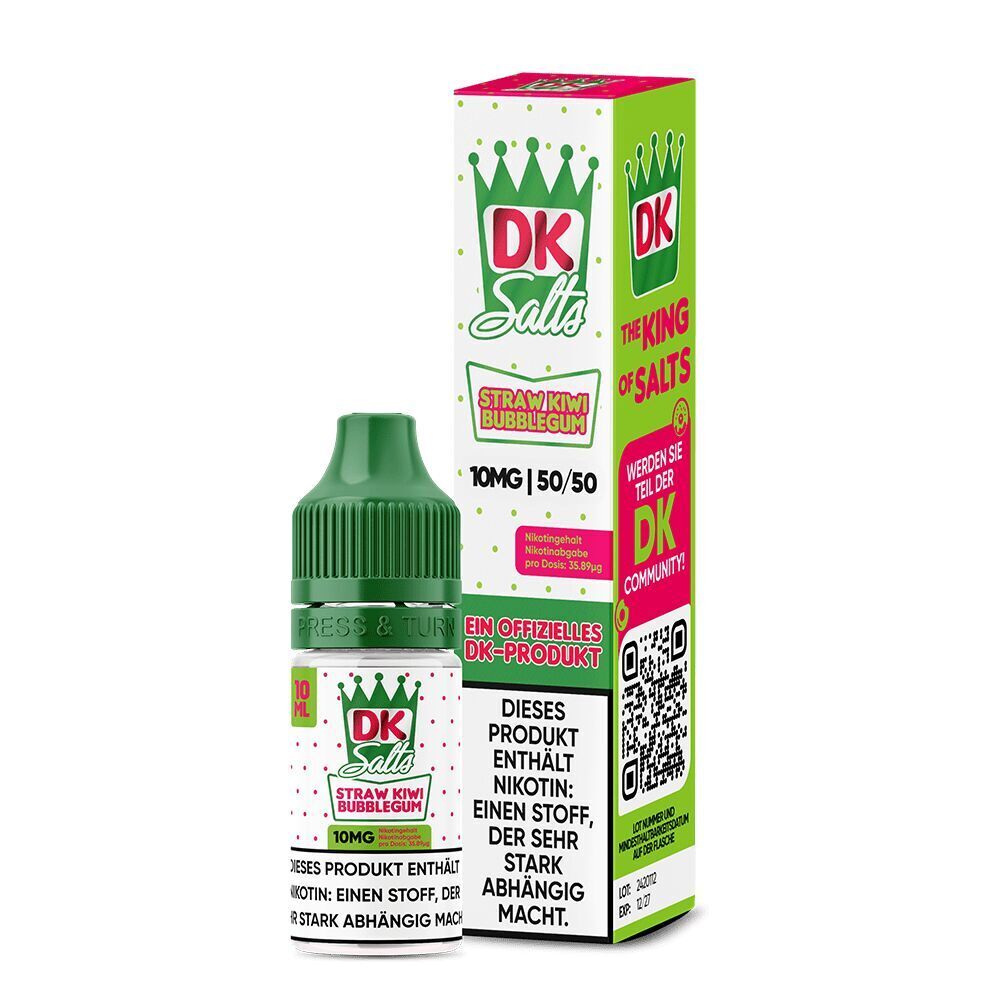 Liquid Straw Kiwi Bubblegum 10mg - DK Salts DK Salts Nikotinsalz Straw Kiwi Bubblegum, 10ml Flasche mit grünem Deckel und Verpackung, Nikotinhinweise und QR-Code sichtbar.