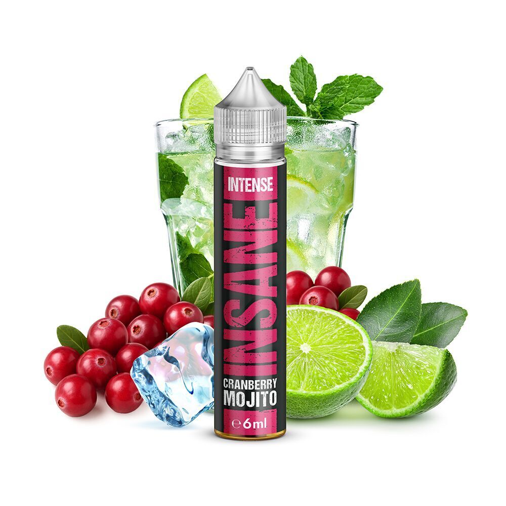 Aroma Cranberry Mojito - Insane Eine Flasche Insane Aroma Cranberry Mojito vor einem Glas Mojito mit frischen Minzblättern, Cranberries und Limettenhälften