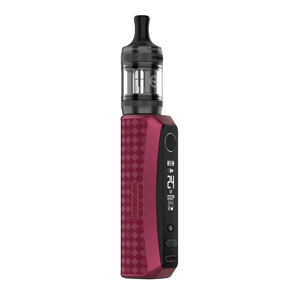 Vaporesso GTX One Pro Box Kit in Rot mit einem Display auf der Seite, einem strukturierten Griff und einem durchsichtigen, schwarzen Verdampfer oben.