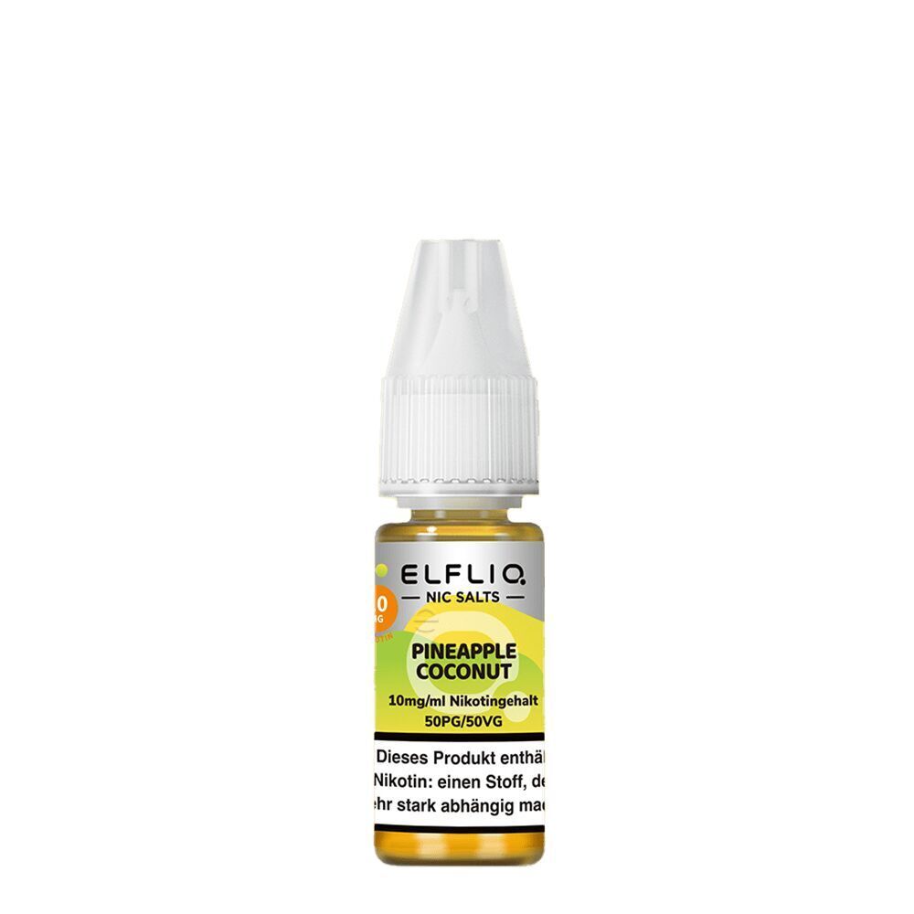 Elfliq Nikotinsalz - Pineapple Coconut 10mg Elfliq Nikotinsalz Pineapple Coconut Flasche mit weißem Deckel, gelbem Etikett, 10mg/ml Nikotingehalt, Warnhinweis am unteren Rand.