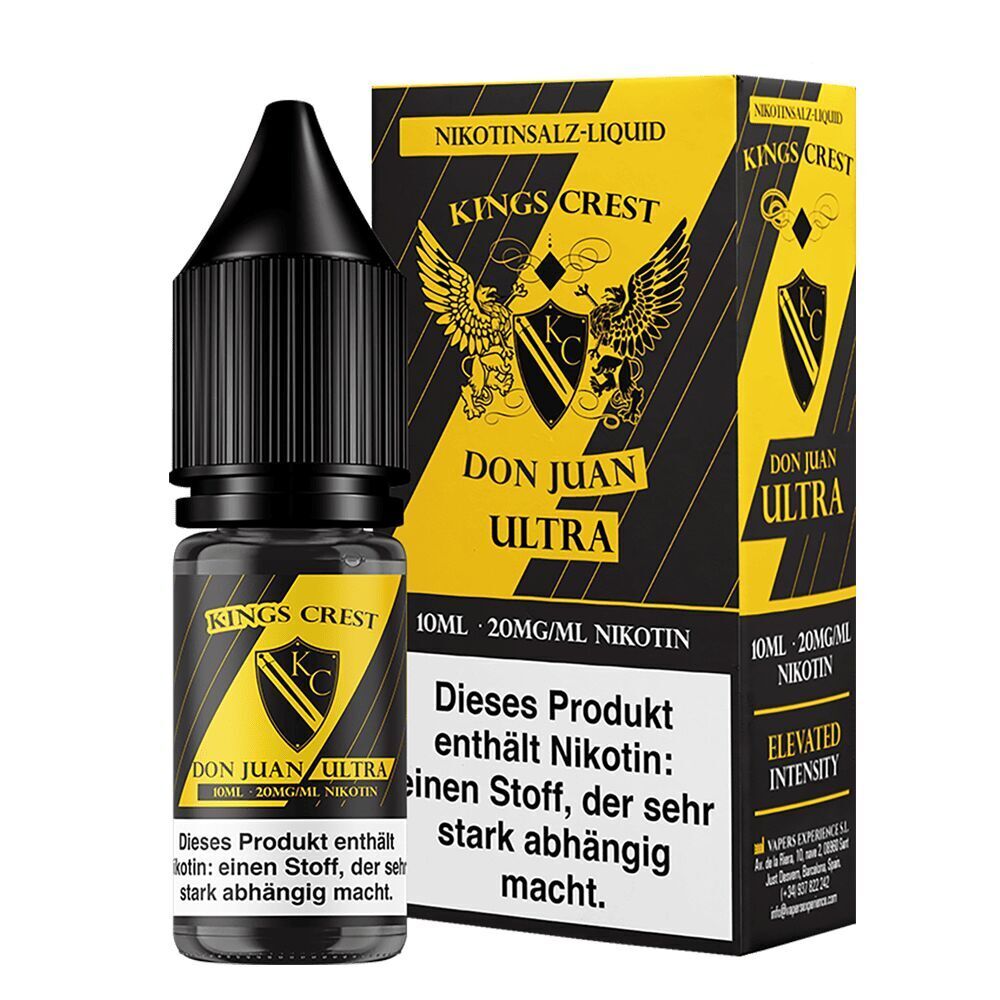 E-Liquid Flasche und Verpackung "Kings Crest Don Juan Ultra" mit schwarzem und gelbem Design, 20mg Nikotinsalz, Warnhinweis vorhanden