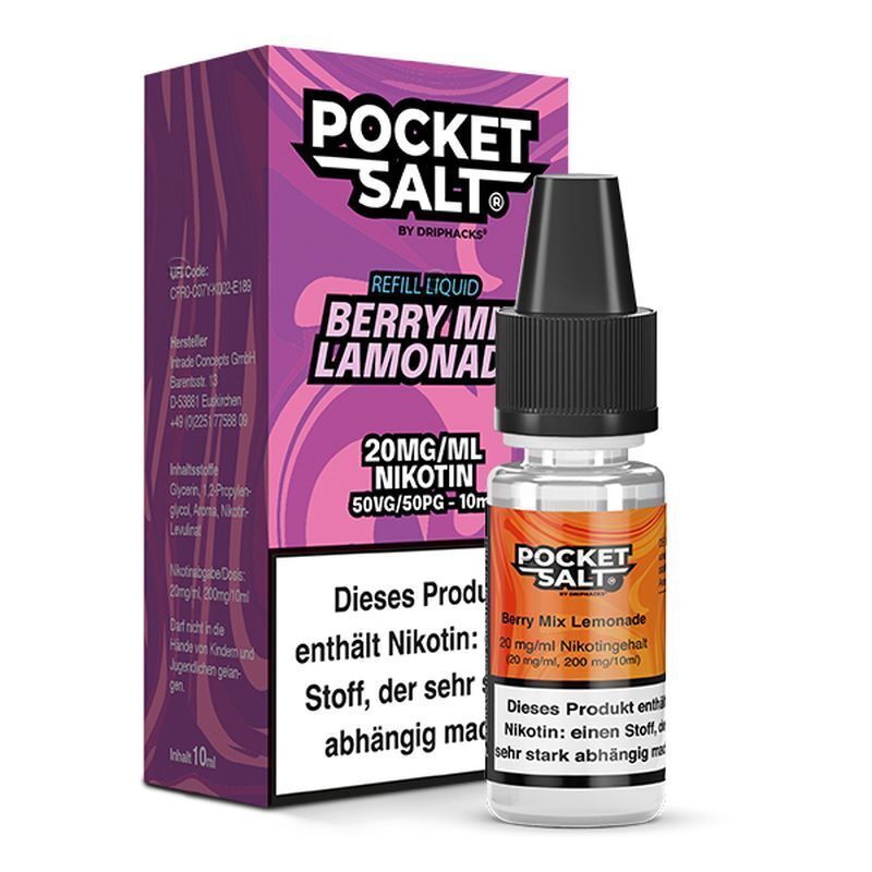 Flasche E-Liquid und Verpackung von Pocket Salt, Berry Mix Lemonade, 20mg Nikotin, mit Warnhinweis über Nikotinabhängigkeit.
