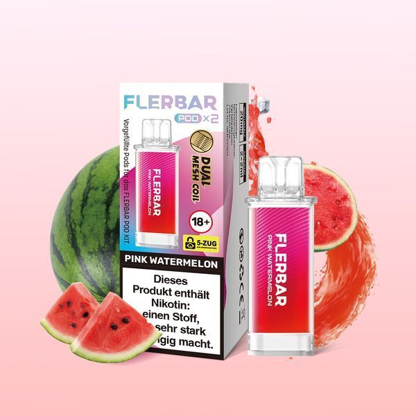 Pink Watermelon 20mg - Flerbar Pods Flerbar Pods Pink Watermelon 20mg vor Verpackung mit Wassermelonenabbildung, Dual Mesh Coil Hinweis und Altersbeschränkung "18+"
