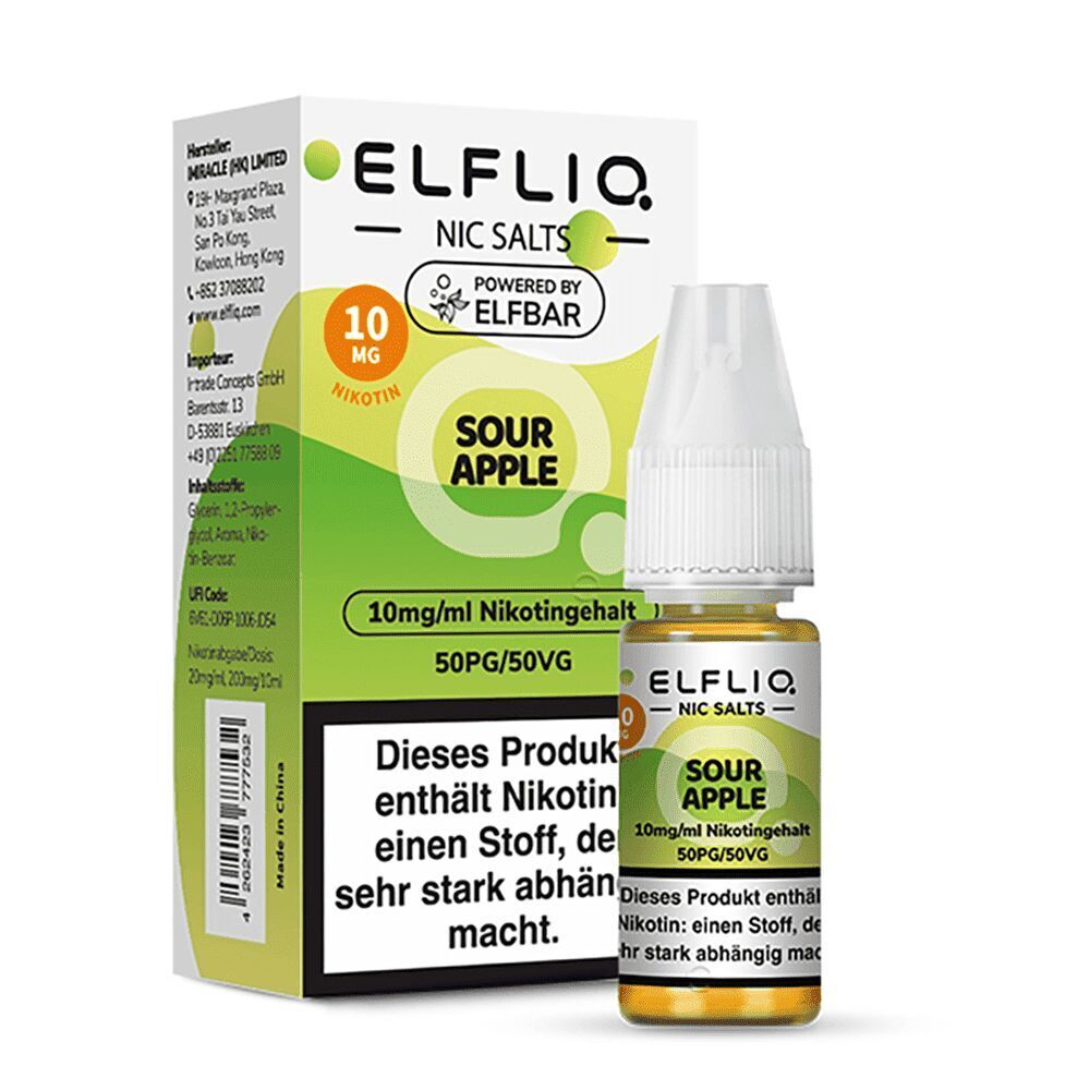 Elfliq Nikotinsalz - Sour Apple 10mg Elfliq Nikotinsalz - Sour Apple Flasche und Verpackung, 10mg/ml Nikotingehalt, 50PG/50VG, Warnhinweis auf Deutsch.