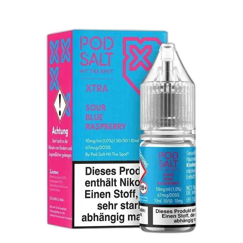 Liquid Sour Blue Raspberry von Pod Salt Xtra Pod Salt Xtra Sour Blue Raspberry 10mg E-Liquid-Packung und Flasche mit Warnhinweisen und Inhaltsangaben
