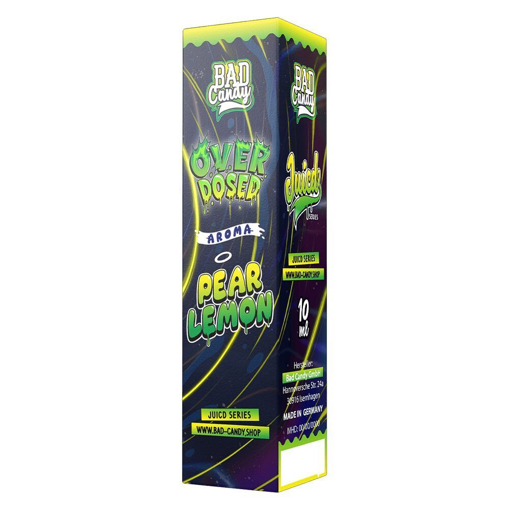 Aroma Pear Lemon - Bad Candy Overdosed Verpackung von Bad Candy Aroma Pear Lemon Overdosed, 10 ml, mit buntem Design und auffälligem Branding, hergestellt in Deutschland
