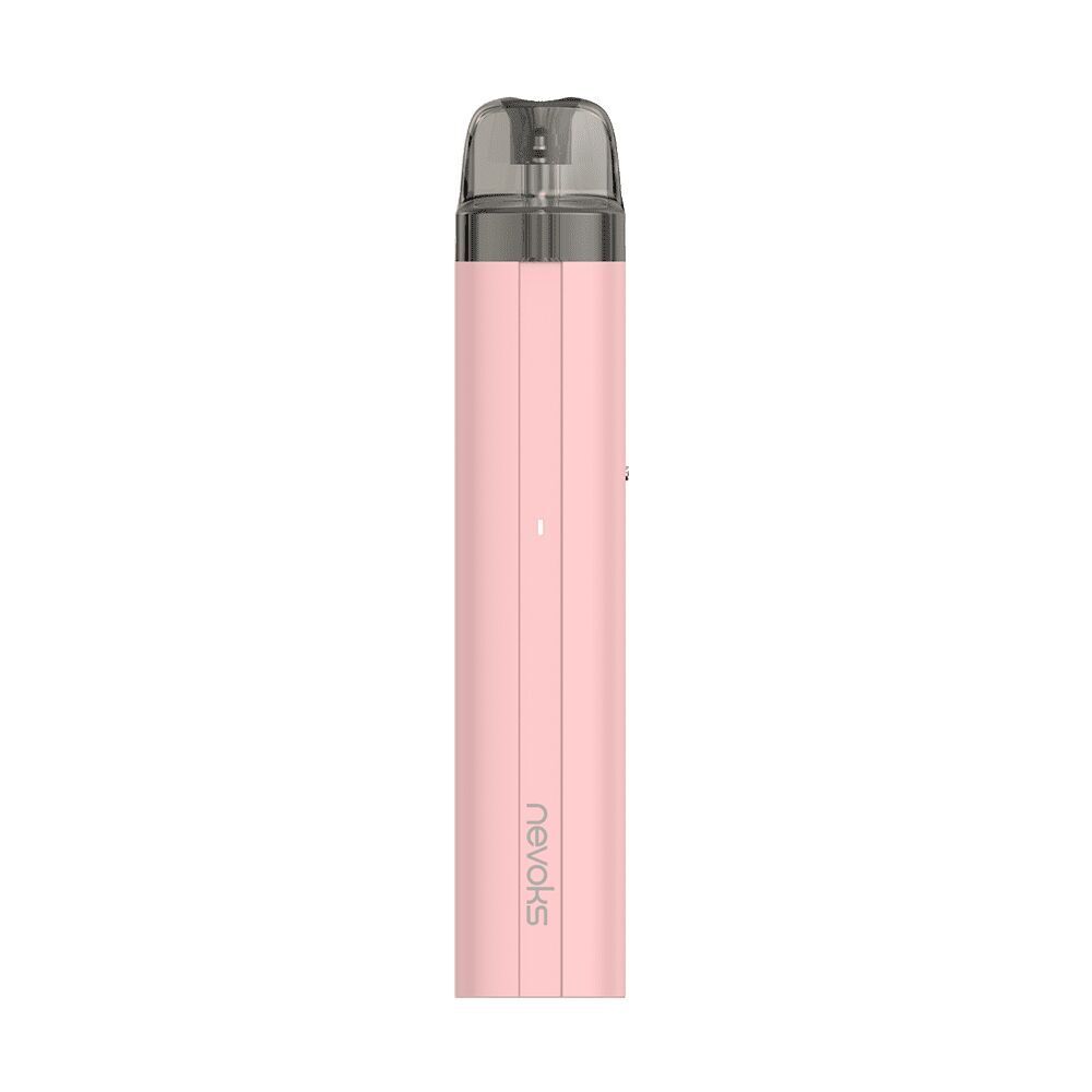 Nevoks Feelin AR Pod Kit in Korallenrosa mit transparentem Mundstück, vertikalem Design und seitlich platziertem Markenlogo
