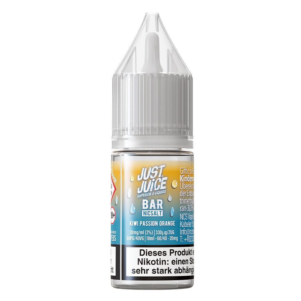 Liquid Kiwi Passion Orange 20mg - Just Juice Just Juice Nikotinsalz-Flasche Kiwi Passion Orange, 20mg, mit Warnhinweis zur Abhängigkeit durch Nikotin, bunte Etikettgestaltung.