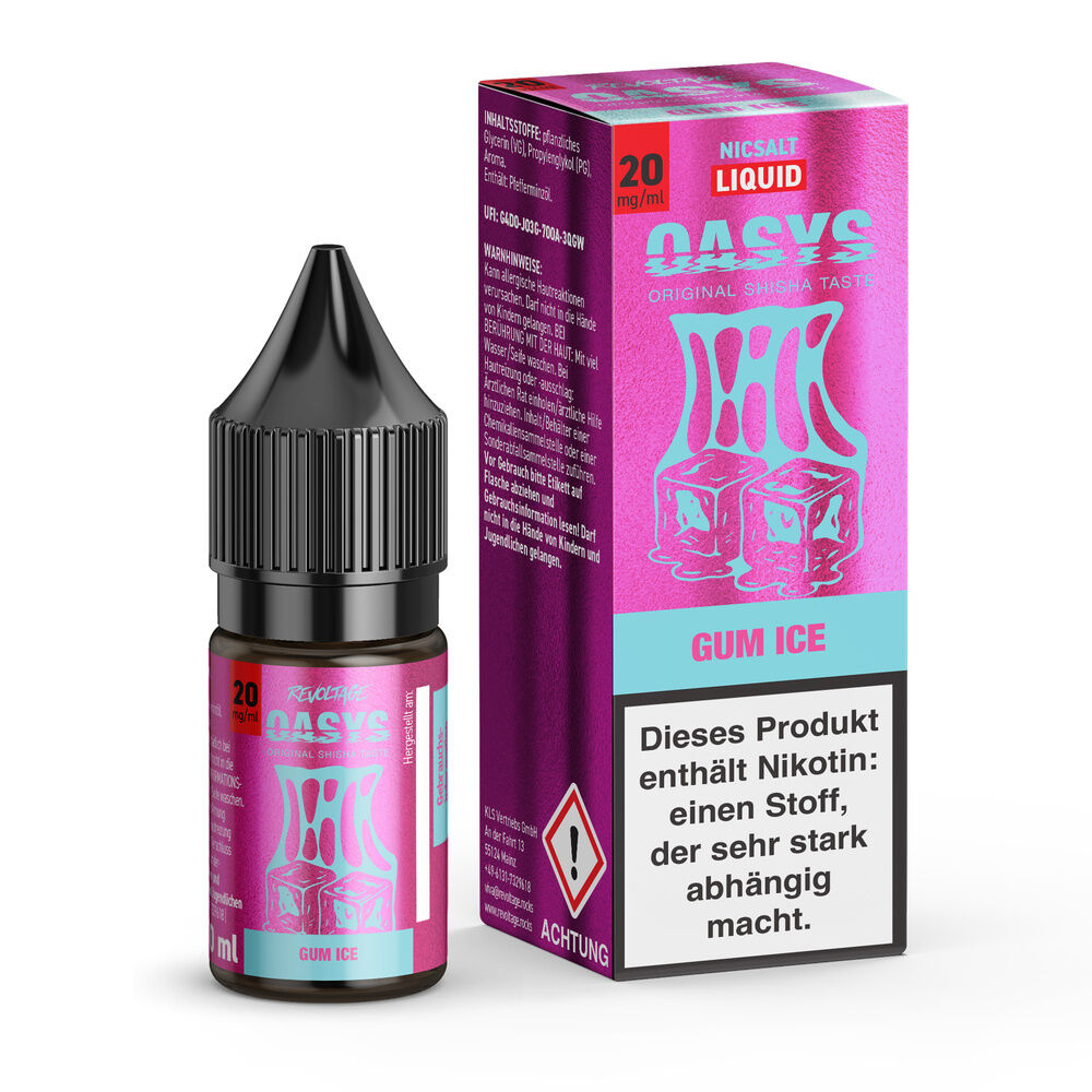 Revoltage Oasys Hybrid Liquid - Gum Ice Revoltage Oasys Hybrid Liquid Gum Ice, 20 mg/ml, Flasche und Verpackung in pink und blau mit Warnhinweis zu Nikotin.
