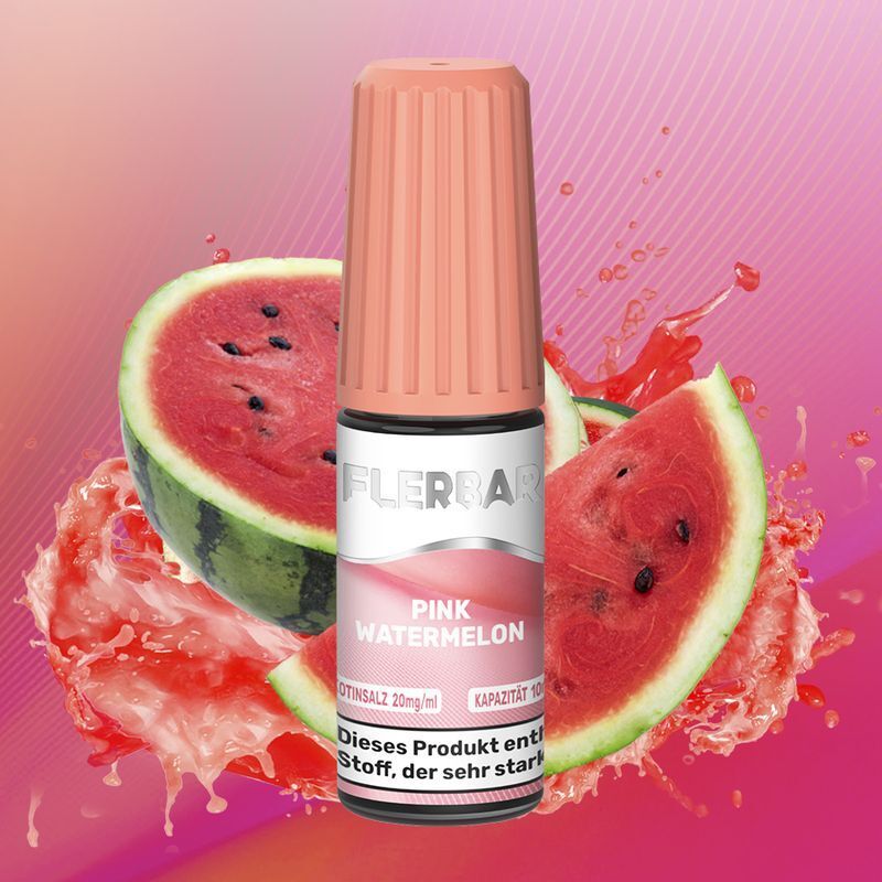 Liquid Pink Watermelon von Flerbar E-Flüssigkeit Flerbar Pink Watermelon 20mg, vor einem Hintergrund aus aufgeschnittener Wassermelone und spritzendem Saft.