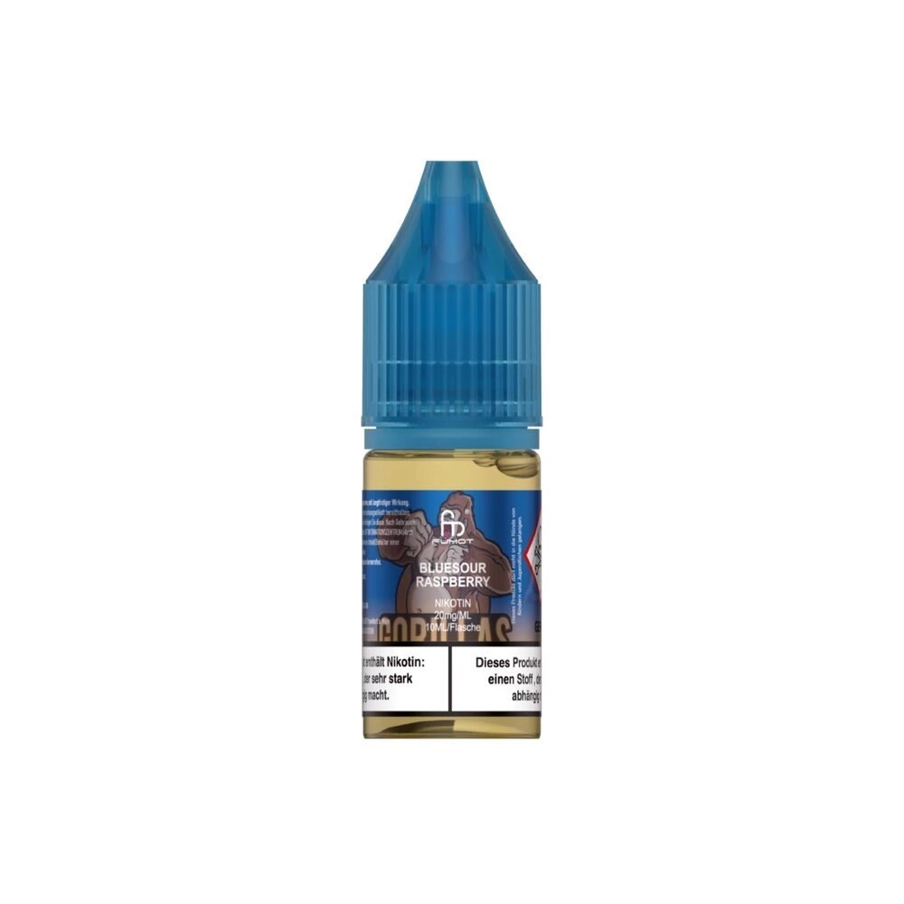 randm-tornado-liquid-10ml-blue-sour-raspberry-20mg.jpg Flasche RandM Tornado Blue Sour Raspberry Nikotinsalz Liquid 20mg mit blauem Deckel und Gorilla-Logo auf dem Etikett.
