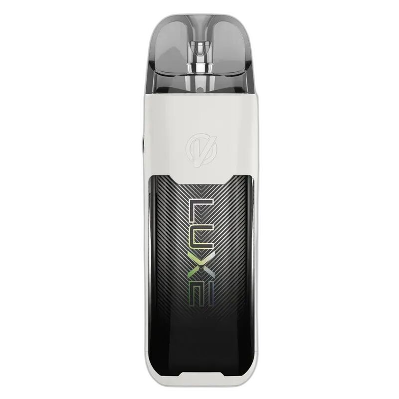 Vaporesso Luxe XR Max Pod Kit White mit durchsichtigem Mundstück, weißem Rahmen und diagonal gestreiftem schwarzen Panel mit Schriftzug.