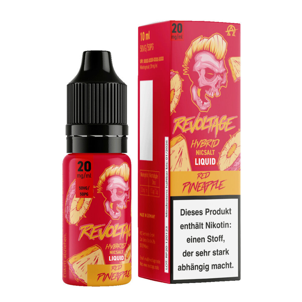 Vape-Flasche und Verpackung „Revoltage Hybrid Liquid Red Pineapple“ mit Totenkopf-Design und Nikotin-Warnhinweis