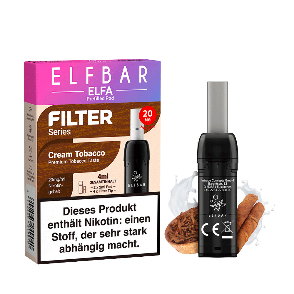 Elfbar-Elfa-Pods-Filter-Series-Cream-Tobacco-20mg.png Elfbar Elfa Filter Pods Cream Tobacco 20mg Packung mit Pods, Nikotinwarnung und Abbildung von Tabak und Milch.