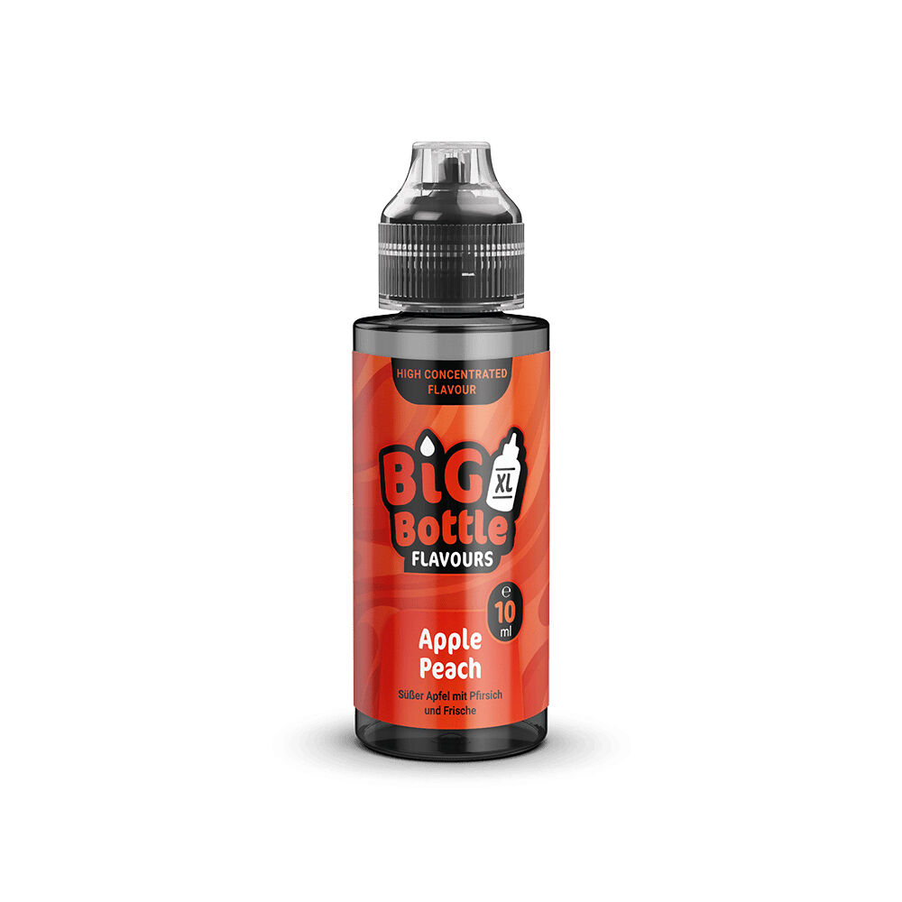 BBF229 Big Bottle Flavours Aroma mit 10 ml in der Geschmacksrichtung Apple Peach, rotes Etikett mit schwarzer Schrift, transparente Kappe