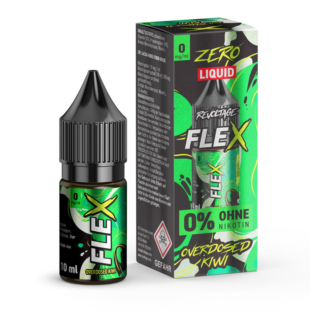 Revoltage Flex Nikotinsalz - Kiwi Flasche und Verpackung des Revoltage Flex Liquid Kiwi 0mg mit grünem und schwarzem Design, Text "0% ohne Nikotin" sichtbar.