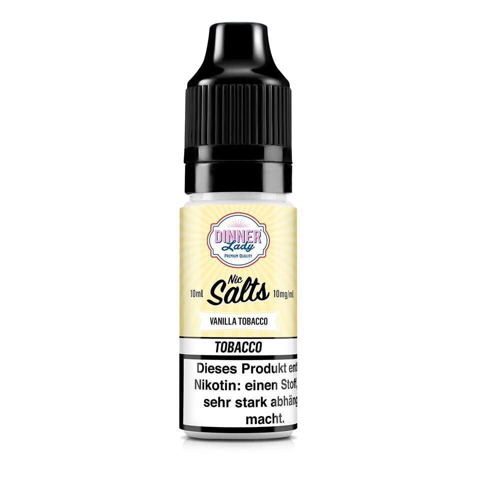 Flasche Dinner Lady Nikotinsalz Vanilla Tobacco 10mg, gelbes Etikett, schwarze Kappe, Warnhinweis über Nikotinabhängigkeit sichtbar