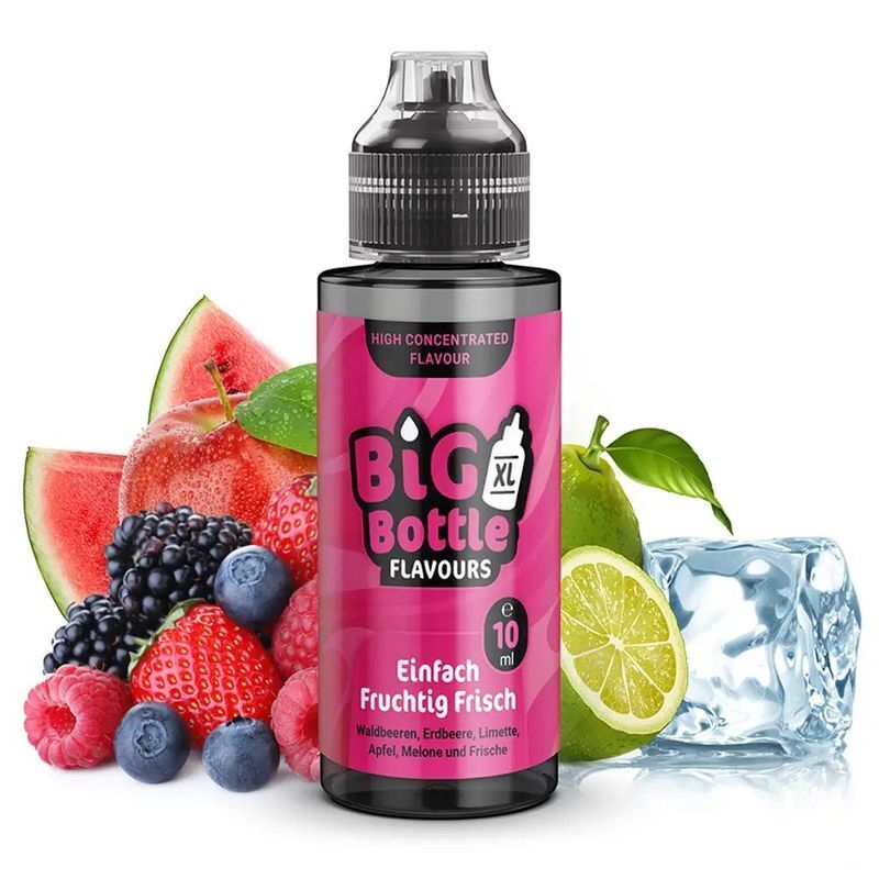 Aroma Einfach Fruchtig Frisch von Big Bottle Flavours Big Bottle Flavours Aroma-Flasche auf rotem Etikett mit Waldbeeren, Erdbeere, Limette, Apfel, Melone, Frische und Eisklotz im Hintergrund