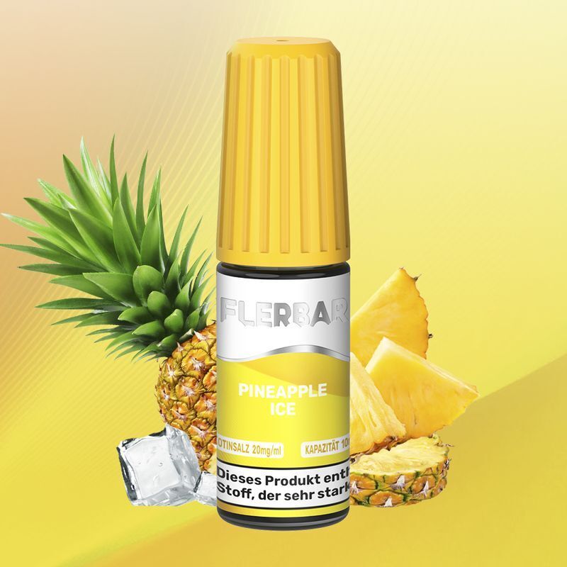Liquid Pineapple Ice von Flerbar Flerbar Pineapple Ice Nikotinsalzflasche vor frischer Ananas und Eiswürfeln, gelber Hintergrund