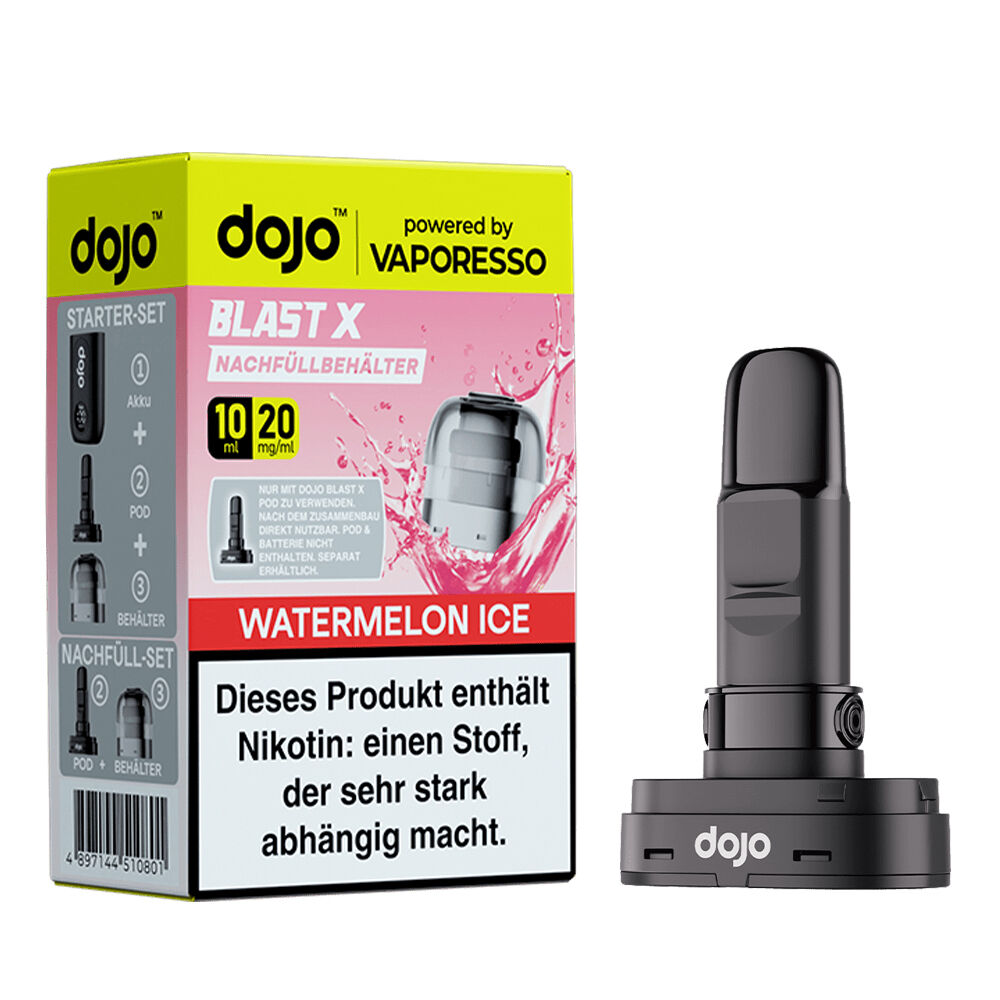 Vaporesso Dojo Blast X Pods - 20mg Nikotinsalz Vaporesso Dojo Blast X Pods 20mg Nikotinsalz mit Watermelon Ice-Geschmack, 10ml Nachfüllbehälter in farbiger Verpackung.