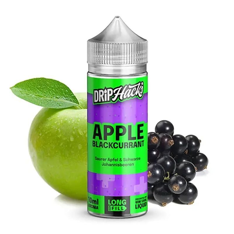 Aroma Apple Blackcurrant von Drip Hacks Drip Hacks Aroma Flasche "Apple Blackcurrant" vor grünem Apfel und schwarzen Johannisbeeren, texturierte Verschlusskappe sichtbar