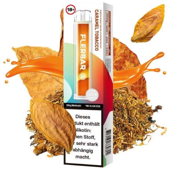 Caramel Tobacco mit 20mg Nikotin Flerbar E-Shisha Flerbar E-Zigarette Caramel Tobacco 20mg vor Tabakblättern und Spritzern, Warnhinweis zu Nikotinsucht sichtbar