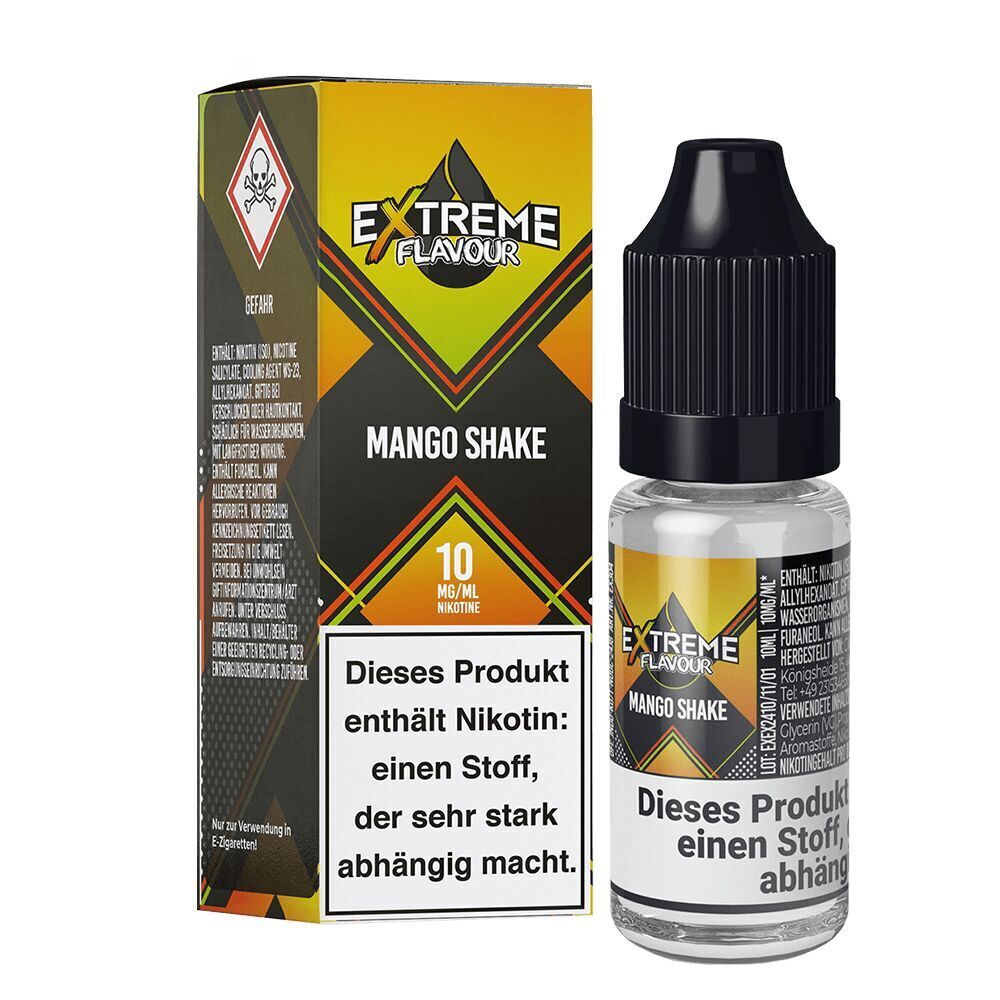 Liquid Mango Shake 10mg - Extreme Flavour Extreme Flavour Mango Shake Nikotinsalz, 10 mg Nikotin, Produktverpackung und Flasche mit Warnhinweis; gelb-schwarzes Design
